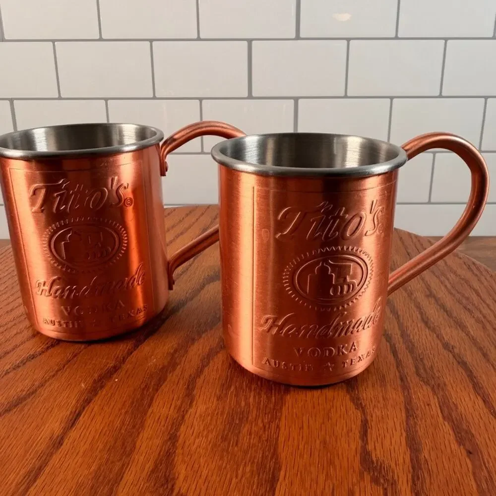 Pair of Tito's Handmade Vodka Copper Moscow Mule Mugs Lined 12oz